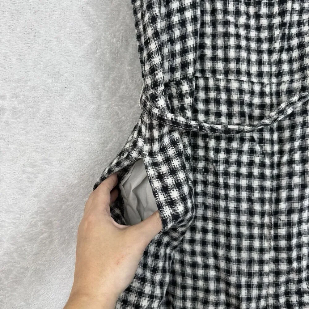 Quince 100% European Linen Square Neck Jumpsuit Large Khaki Black Gingham Preppy